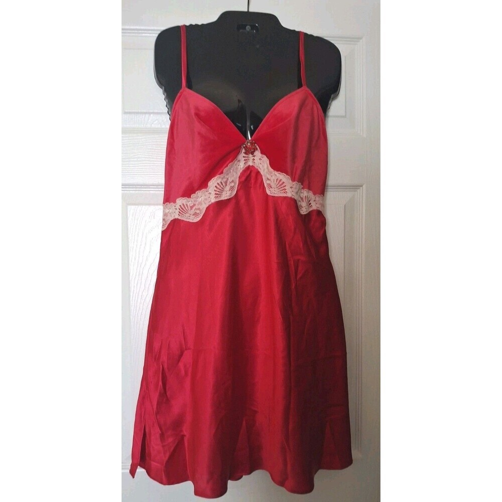 VTG Cinema Etoile Red Satin Velvet Slip Dress XL Babydoll Lingerie Rhinestone